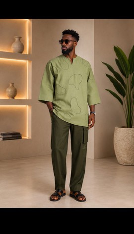 Men's Sage Green Linen Embroidered Top &amp; Olive Cargo Pants Set – 2-Piece Casual Outfit