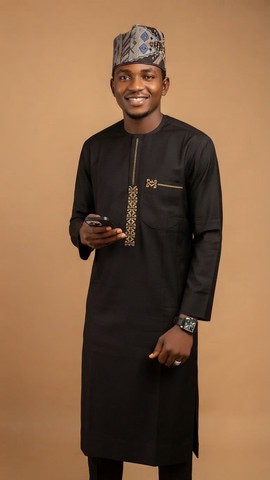 Ensemble sénégalais noir composé d’un caftan et d’un pantalon avec un fila assorti