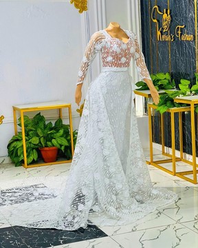 Long white wedding lace dress with train