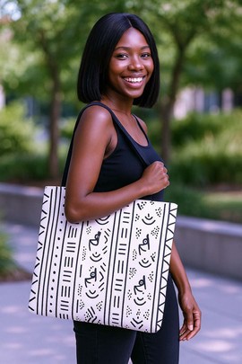 Mud Cloth Geometric Afrocentric Tote Bags | Afro Fashion White | Large Capacity