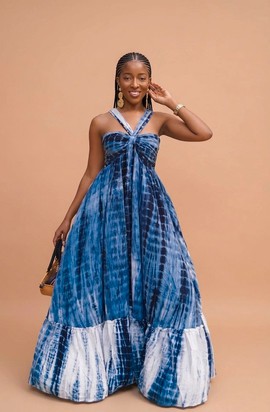 African Adire Tie-Dye Maxi Dress – Elegant Blue Halter Flare Dress for Women