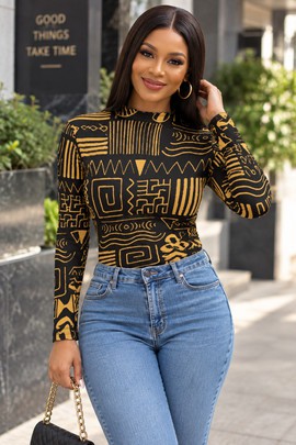 Afrocentric Mudcloth Print Women's Mesh Long Sleeve T-Shirt | Mudcloth Fashion | Bynelo
