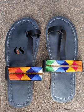 Handmade Beaded Leather Sandals – African Flat Toe Ring Sandals – Women Summer Slip On Sandals