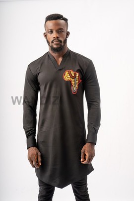 Black Long Tshirt with Ankara African Map Badge, African TShirt, African Men Clothing