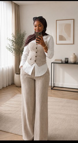 Women's White Shirt with Beige Button Vest and Wide-Leg Trouser Set – Three-Piece Office Co-Ord