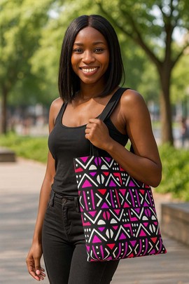 Traditional Tote Bag Mud Cloth | Geometric Pink Pattern | Large Capacity