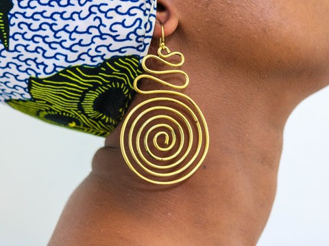 Handmade African Brass Spiral Earrings for Women – Large Gold Tone Statement Dangle Earrings