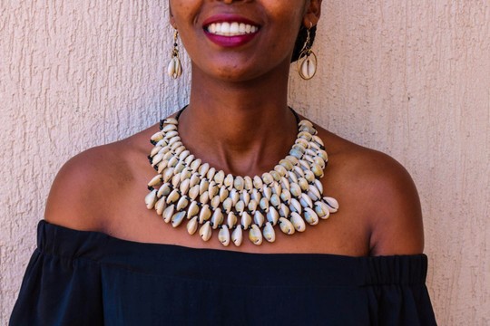 African beaded cowrie shell necklace, African tribal necklace, Elegant necklace, Boho necklace