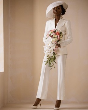 The “Brenda” wrap tuxedo cross suit.