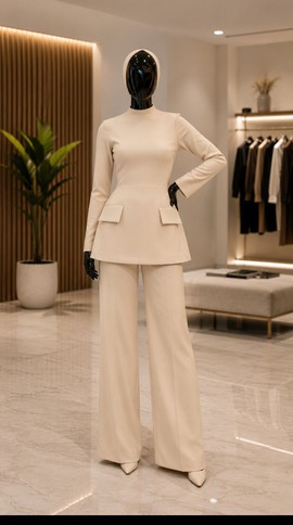 Ensemble femme crème composé d’un haut péplum à col montant avec poches à rabat et d’un pantalon à jambes larges