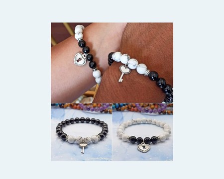 Howlite/sunstone bracelets - Heart couple lock &amp; key/ Madagascar