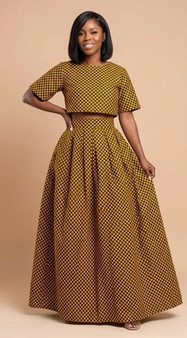 Mustard Yellow Checkered Crop Top &amp; Flared Maxi Skirt Set