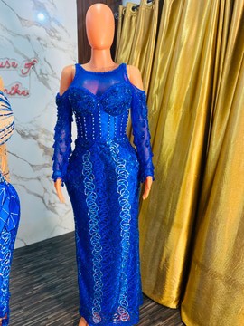 Blue owambe dress, party dress, luxury beaded dress