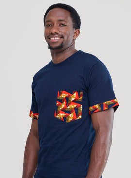 Men’s Navy Blue African Print T-Shirt – Ankara Pocket and Sleeve Detail