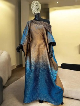 Women's Blue &amp; Gold Ombre Metallic Kaftan Maxi Dress