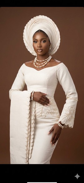 Pristine Off-White Aso Oke Gown with Pearl Embroidery
