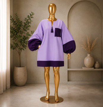 Robe tunique pour femme à manches ballon et color block – Mini-robe bicolore lavande et violette