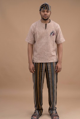 Men Aso-Oke Stipe &amp; wool with Matching Cap Three-PieceSet |Wedding|Casual|Ceremonial Outfit