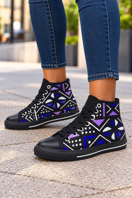 Tribal Bogolan Women's Classic High Top Canvas Shoes Purple | African Mudcloth High Top Sneakers