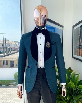 A “Mandarin” floral Sacramento green shawl Lapel tuxedo suit