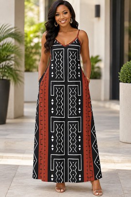 Robe longue élégante à col en V et poches pour femme, imprimé géométrique tribal | Robe longue à imprimé tribal