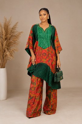 Women’s Ankara Two-Piece Set – Green &amp; Red African Print Embroidered Top with Wide-Leg Trousers