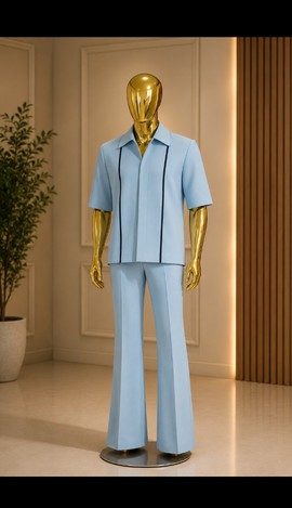 Ensemble deux pièces bleu ciel pour homme, chemise et pantalon évasé – costume décontracté à manches courtes et rayures verticales