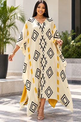Robe midi à col en V et manches courtes pour femme en imprimé africain | Robe midi en imprimé africain | Bynelo
