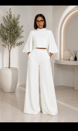Ensemble deux pièces blanc en crêpe pour femme – Haut court à col et manches évasées, et pantalon à jambes larges