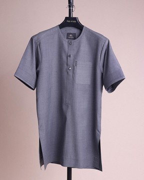 A light grey, front flap with matching Swarovski button details, short sleeve African kaftan.