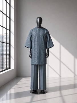 Ensemble kaftan homme gris ardoise à imprimé texturé – Tunique à col mandarin avec pantalon assorti