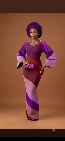 Royal Tyrian Purple and Magenta Color-Blocked Aso-Oke Gown