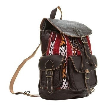 BIG SALE! Genuine Leather Backpack with Red Kilim Handmade by Cuiroma Craftsmen in Morocco