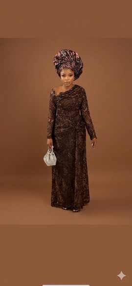 Brown Embellished Lace Gown