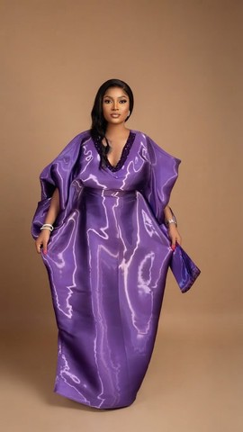 Purple Mikado Sheen V-Neck Boubou Kaftan Dress