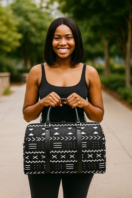African Leather Bag for Travel Mud Cloth Black &amp; White