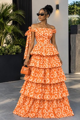 Women's Orange Tiered Ruffle Off-Shoulder Maxi Dress – Ankara Print Ball Gown Style Dress