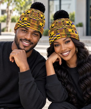 African Heritage Kente Print Knitted Hat With Pom-Pom | Kente Style | Bynelo