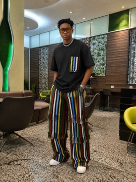 Ensemble deux pièces de luxe en aso oke à rayures et franges