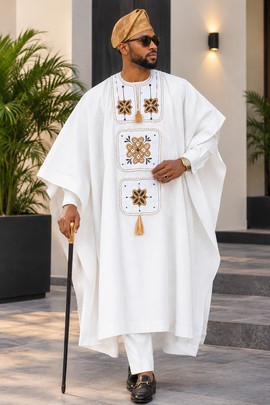 Men's White &amp; Gold Agbada Set – Three Piece Embroidered Nigerian Traditional Attire