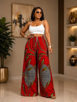Pantalon palazzo rouge pour femme à imprimé Ankara, jambes larges – pantalon taille haute à imprimé botanique