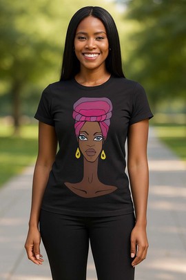 Statement Tee : African Print Women T-shirt Turban Scarf Lady - Black