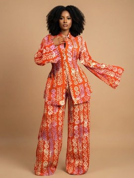 Orange Adire Print Button-Down Shirt and Wide-Leg Trouser Two-Piece Set