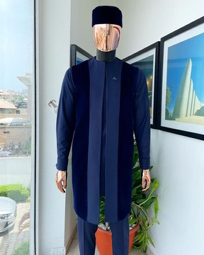 A midnight blue long sleeve kaftan, matching soaked Italian velvet kimono jacket,