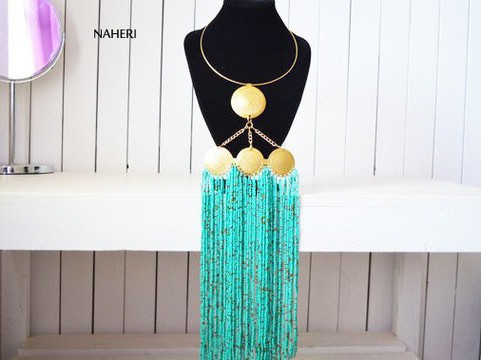 African maasai beaded statement necklace. Tribal fringe necklace. Metalsmith jewelry