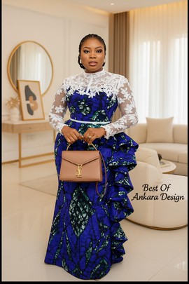 Royal Blue Ankara Gown with White Floral Lace Bodice &amp; Side Ruffles