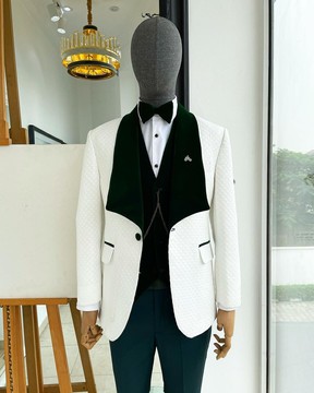 A ivory white Square pattern jacquard shawl wide cut lapel jacquard Suit