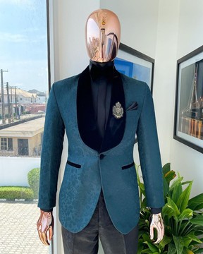 A “Mandarin” floral Sacramento green shawl Lapel tuxedo suit