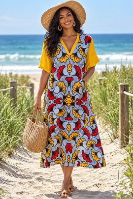 African Ankara Wedding Flower Women's Loose V-Neck Midi Dress | Ankara Fashion | Bynelo
