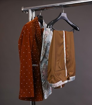 A half mix double breasted pistachio green, pink &amp; brown metallic jacquard suit